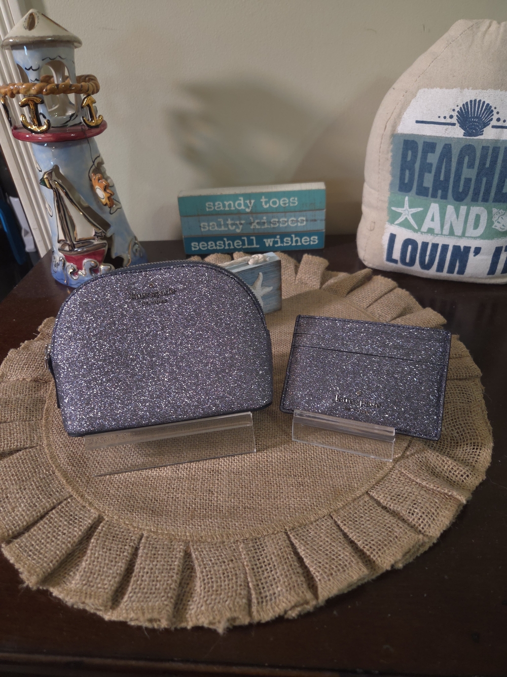 NWOT Kate Spade Gray Glitter Cosmetic Pouch and Card Holder
